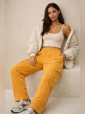 Aritzia TNA Cozy Fleece Cargo Track Pants Women's Joggers Orange Relaxed Fit